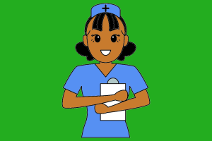 Computer image of a smiling nurse holding a clipboard